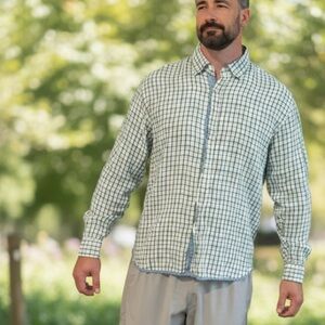 Mens‎ Report Collection Men’s XL Linen Button Down Shirt Blue Plaid Long Sleeve